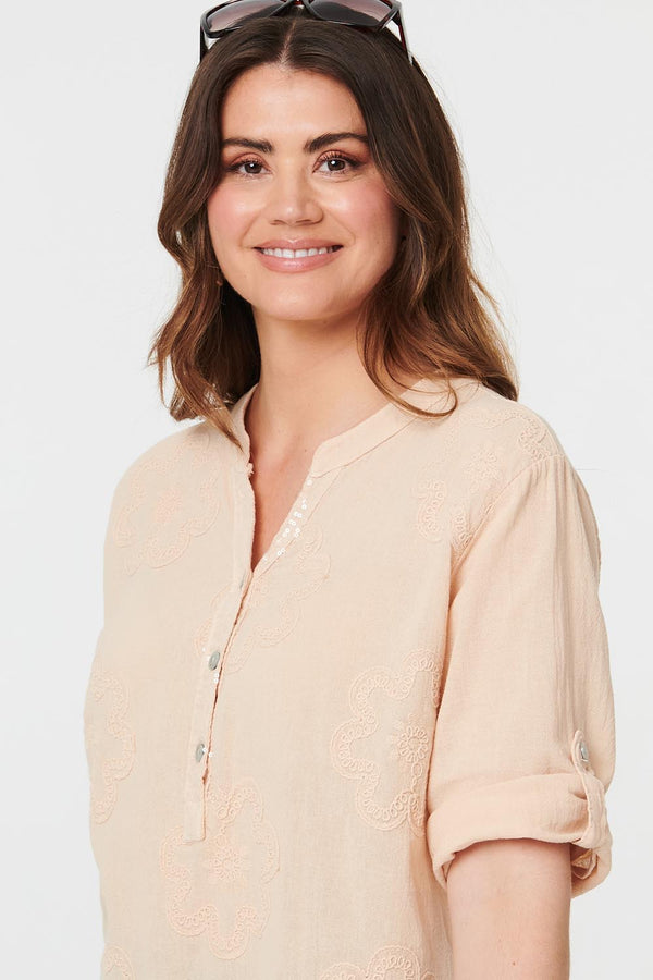 Beige | Floral 3/4 Sleeve Embroidered Blouse