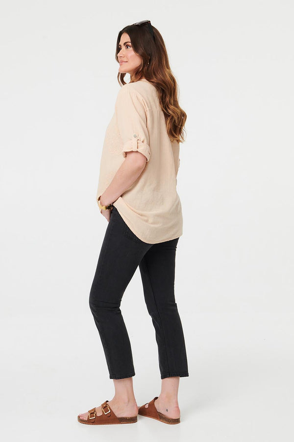 Beige | Floral 3/4 Sleeve Embroidered Blouse
