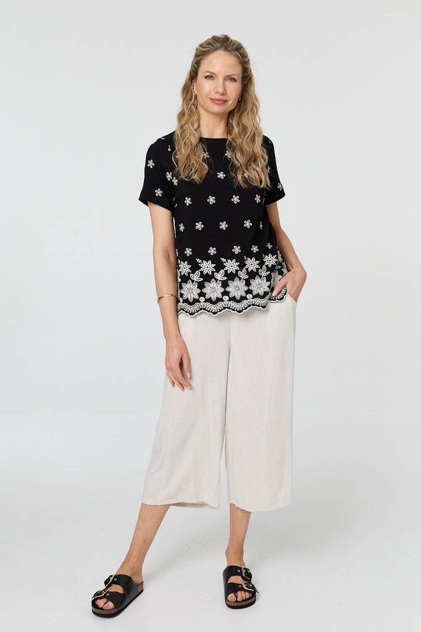 Black | Floral Embroidered Short Sleeve Top