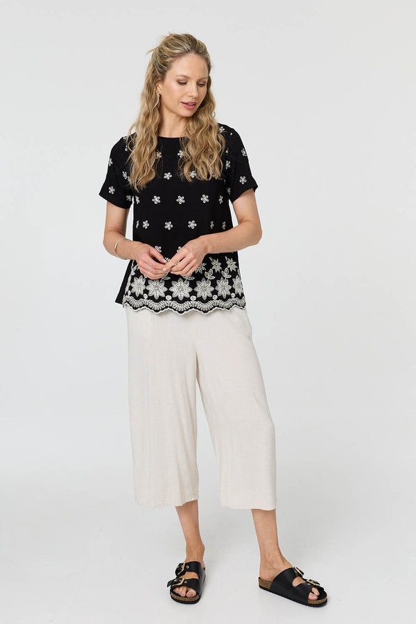 Black | Floral Embroidered Short Sleeve Top