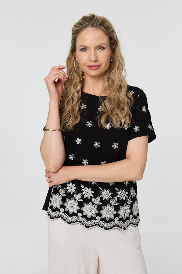 Black | Floral Embroidered Short Sleeve Top