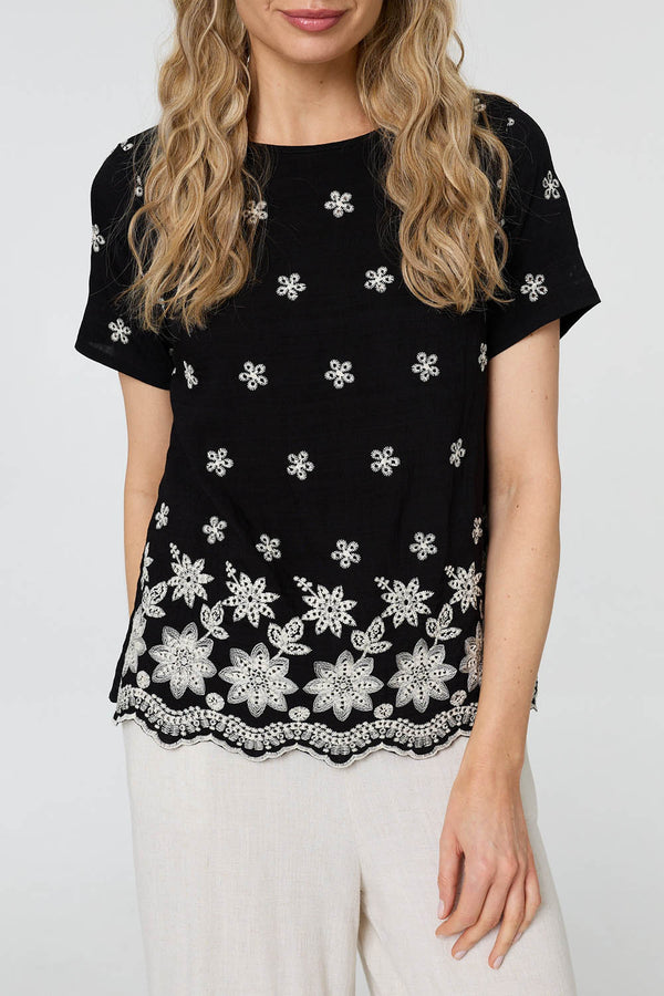 Black | Floral Embroidered Short Sleeve Top