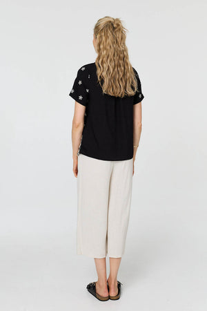Black | Floral Embroidered Short Sleeve Top