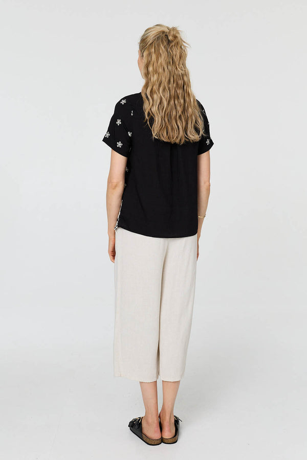 Black | Floral Embroidered Short Sleeve Top