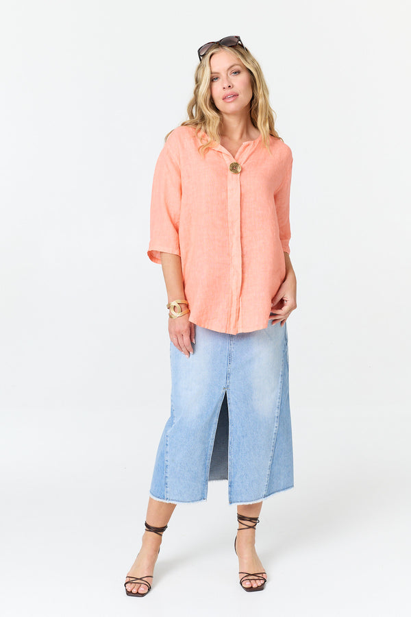 Coral | Button Front 3/4 Sleeve Relaxed Blouse
