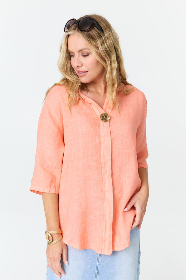 Coral | Button Front 3/4 Sleeve Relaxed Blouse