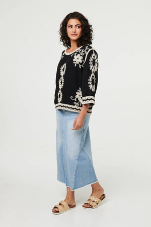 Black | Floral Embroidered 3/4 Sleeve Blouse
