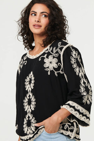 Black | Floral Embroidered 3/4 Sleeve Blouse
