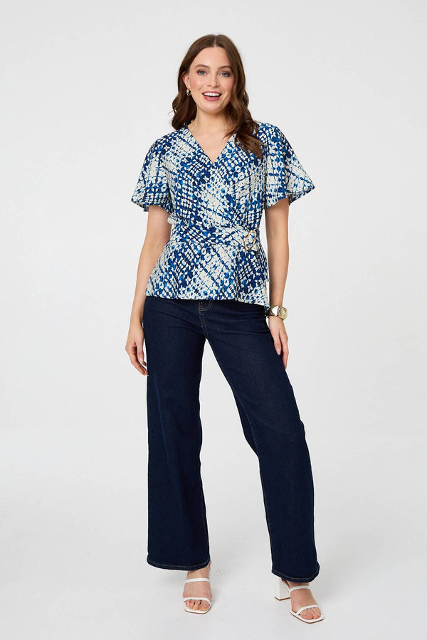 Blue | Abstract Angel Sleeve Ruched Wrap Top