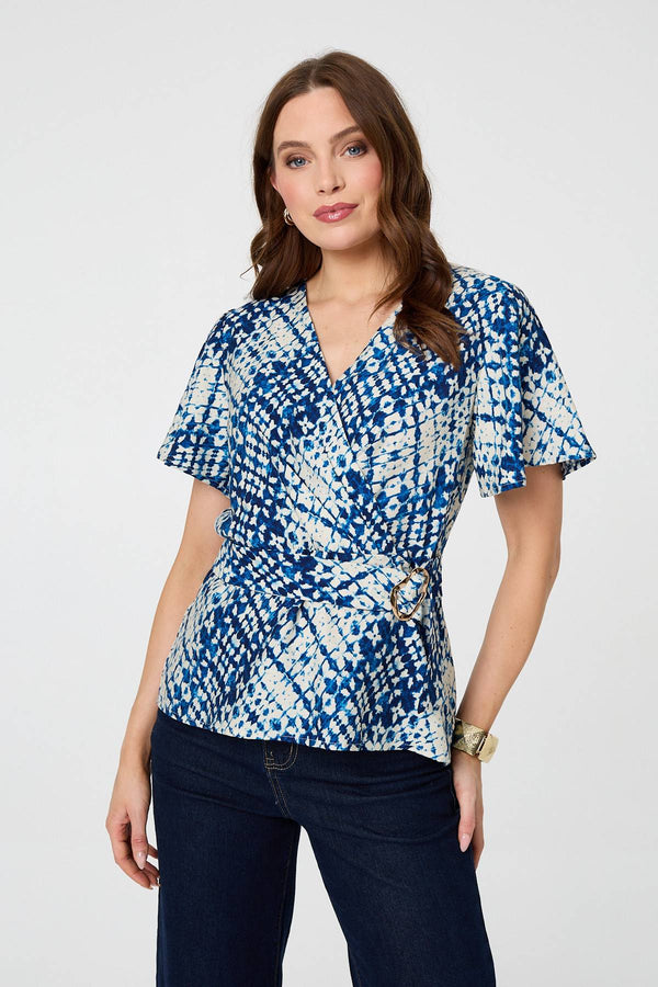 Blue | Abstract Angel Sleeve Ruched Wrap Top