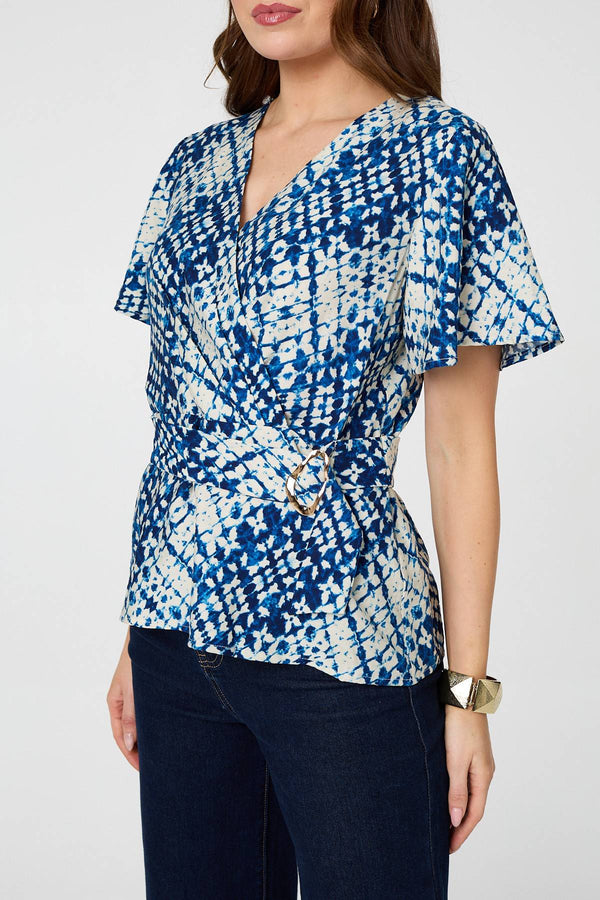 Blue | Abstract Angel Sleeve Ruched Wrap Top