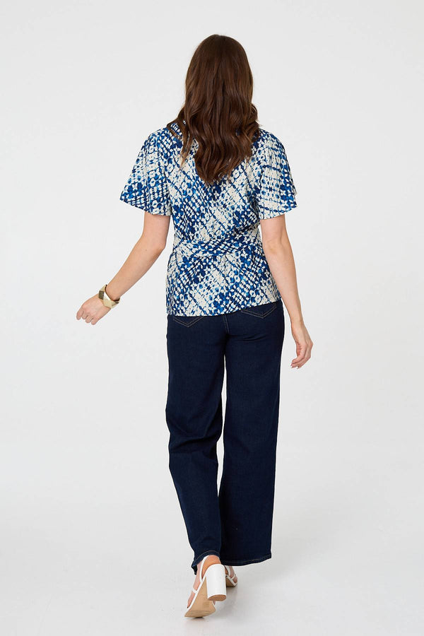Blue | Abstract Angel Sleeve Ruched Wrap Top