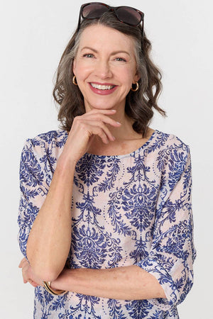 Blue | Baroque Print 3/4 Sleeve Relaxed Blouse
