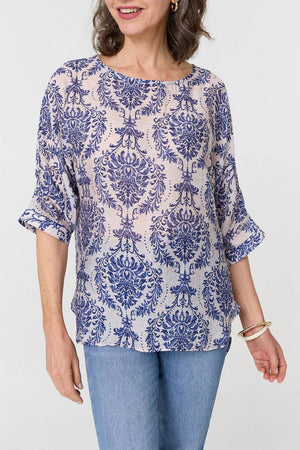 Blue | Baroque Print 3/4 Sleeve Relaxed Blouse
