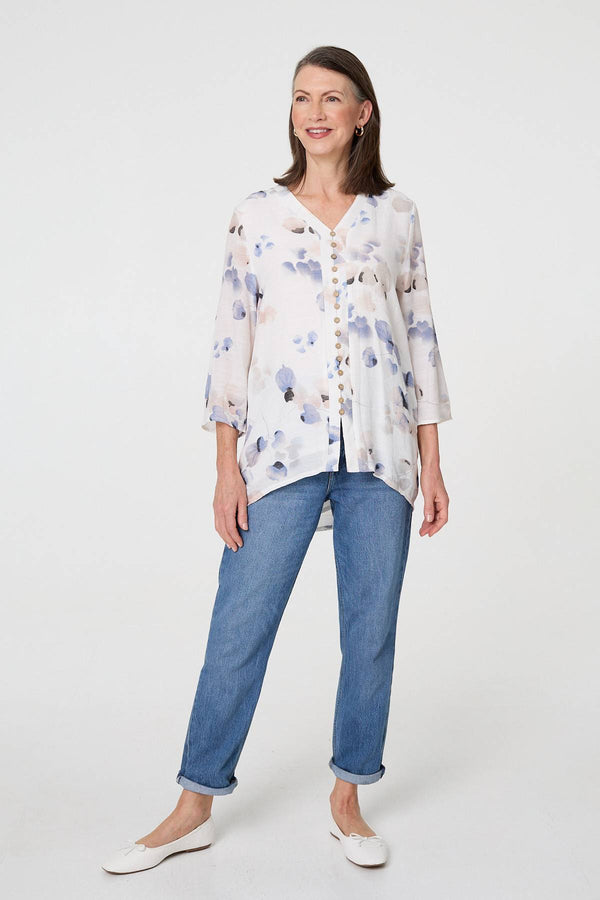 White | Printed 3/4 Sleeve Relaxed Blouse Top
