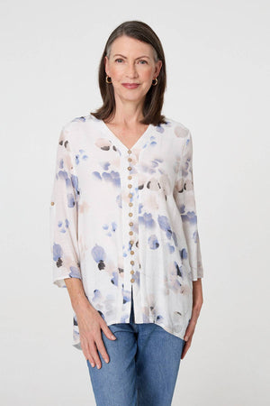 White | Printed 3/4 Sleeve Relaxed Blouse Top