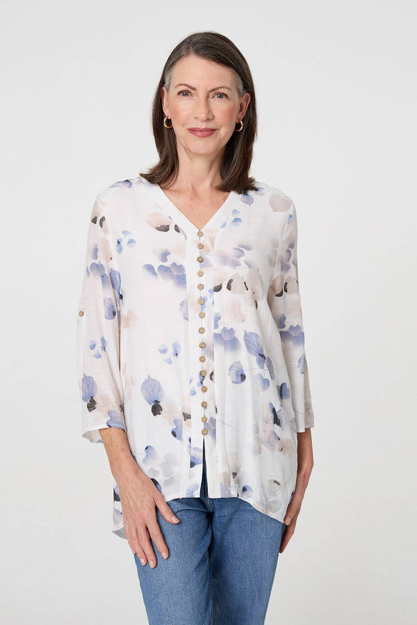 White | Printed 3/4 Sleeve Relaxed Blouse Top