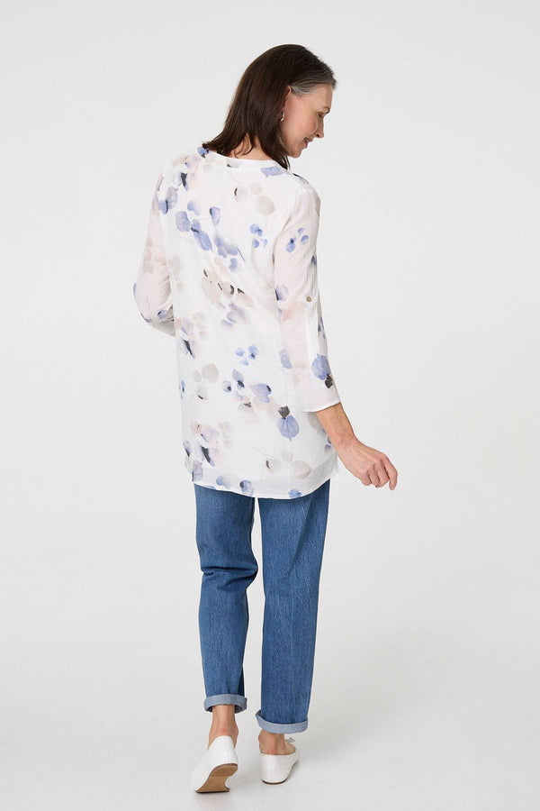 White | Printed 3/4 Sleeve Relaxed Blouse Top