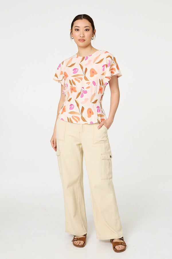 Orange | Abstract Flare Sleeve Peplum Blouse