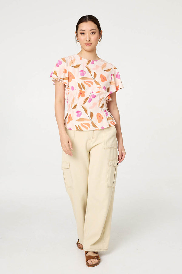 Orange | Abstract Flare Sleeve Peplum Blouse
