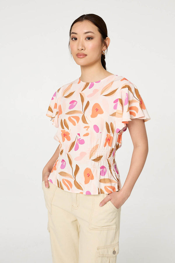 Orange | Abstract Flare Sleeve Peplum Blouse : Model is 5'9"/175 cm and wears UK8/EU36/US4/AUS8