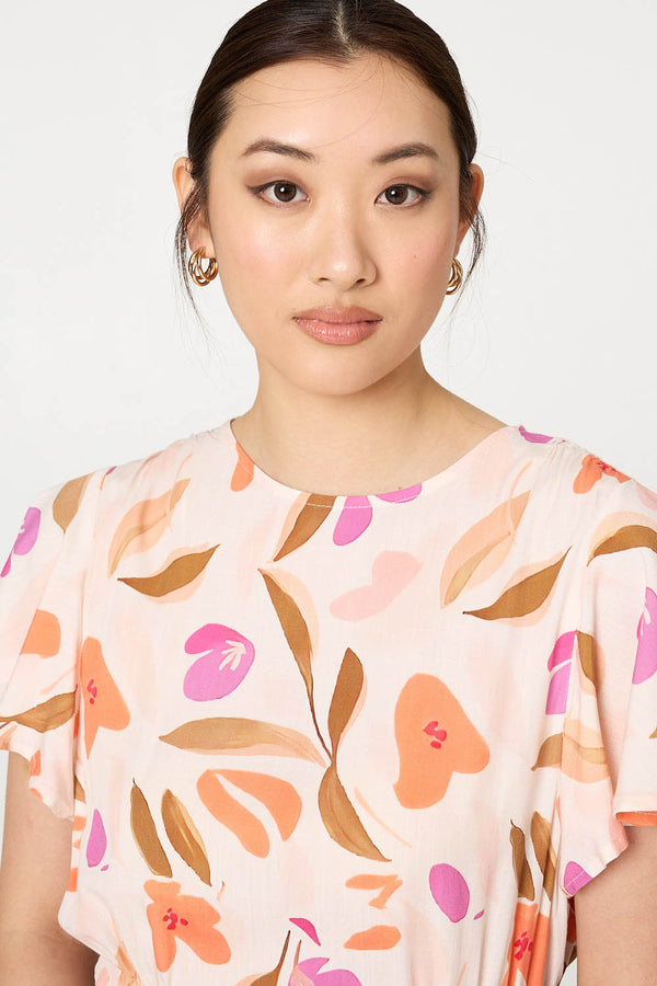 Orange | Abstract Flare Sleeve Peplum Blouse