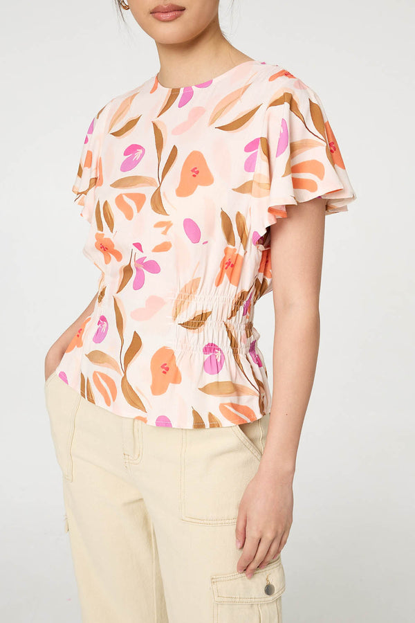 Orange | Abstract Flare Sleeve Peplum Blouse