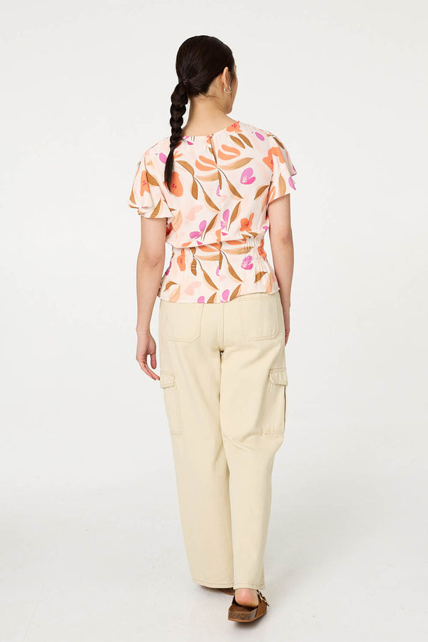 Orange | Abstract Flare Sleeve Peplum Blouse