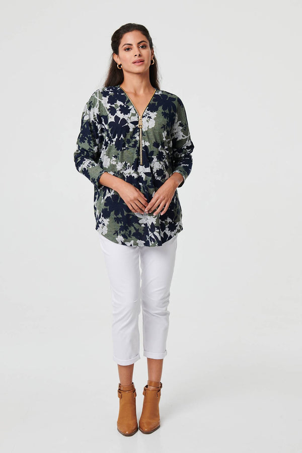 Green | Leaf Print Zip Front Relaxed Top
