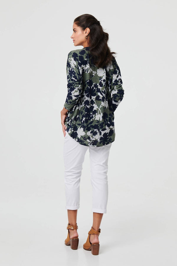 Green | Leaf Print Zip Front Relaxed Top
