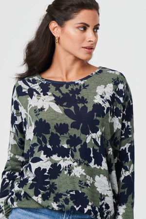 Green | Leaf Print Long Sleeve Relaxed Top
