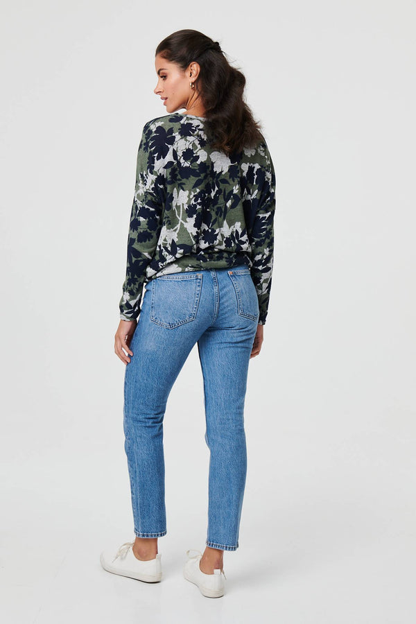 Green | Leaf Print Long Sleeve Relaxed Top

