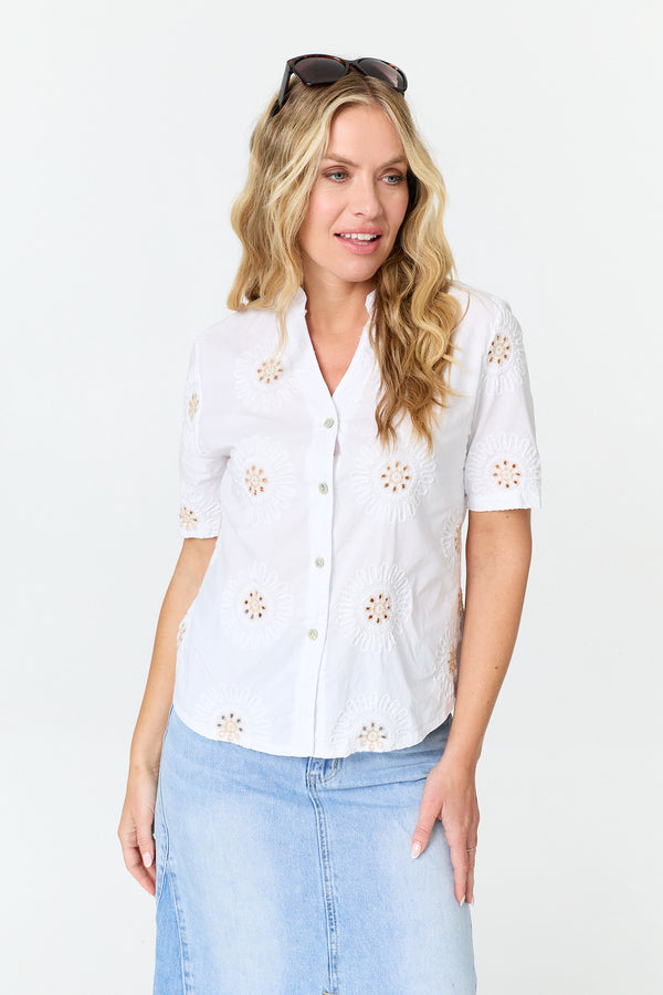 White | Embroidered Texture V-Neck Blouse