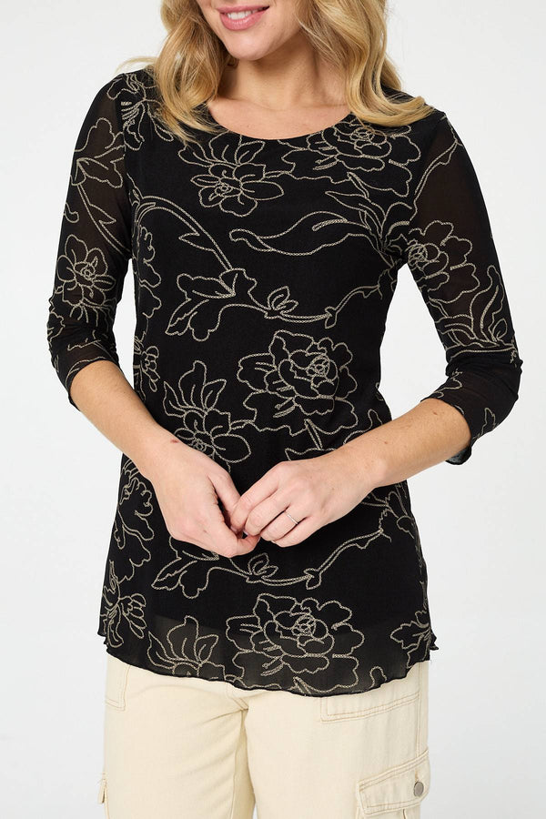 Black | Floral Print Semi Sheer Layered Top