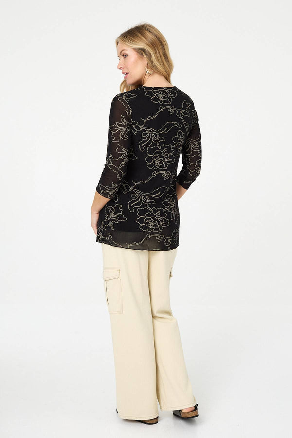 Black | Floral Print Semi Sheer Layered Top