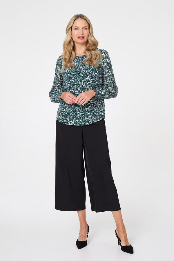 Teal | Printed Long Sleeve Semi Sheer Blouse
