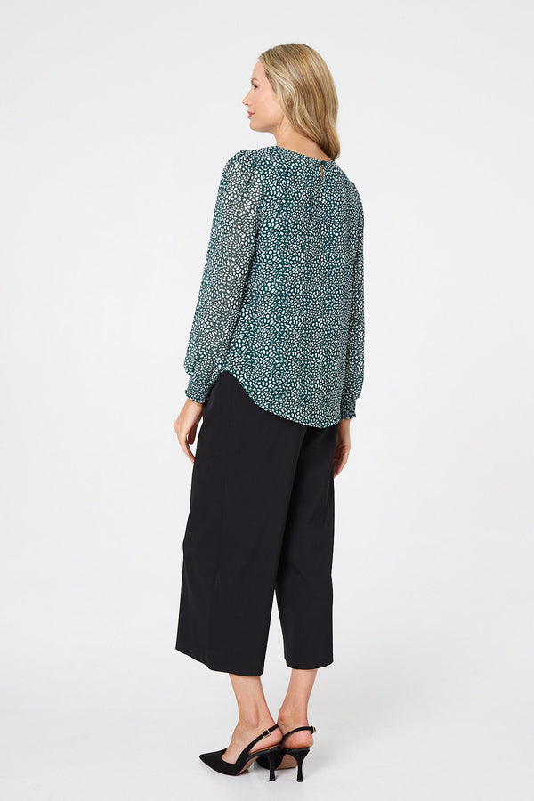 Teal | Printed Long Sleeve Semi Sheer Blouse
