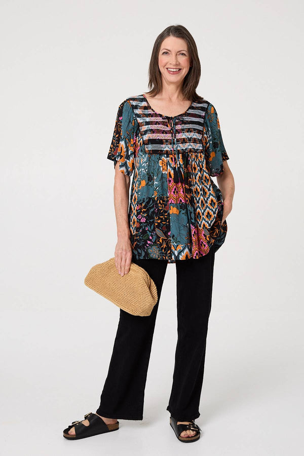 Teal | Floral Tie Front Relaxed Smock Blouse