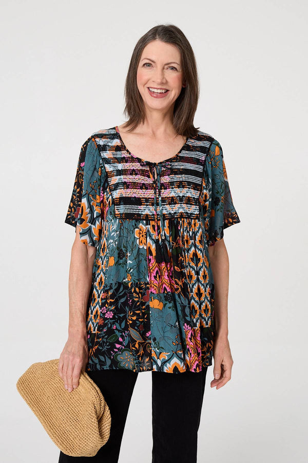 Teal | Floral Tie Front Relaxed Smock Blouse