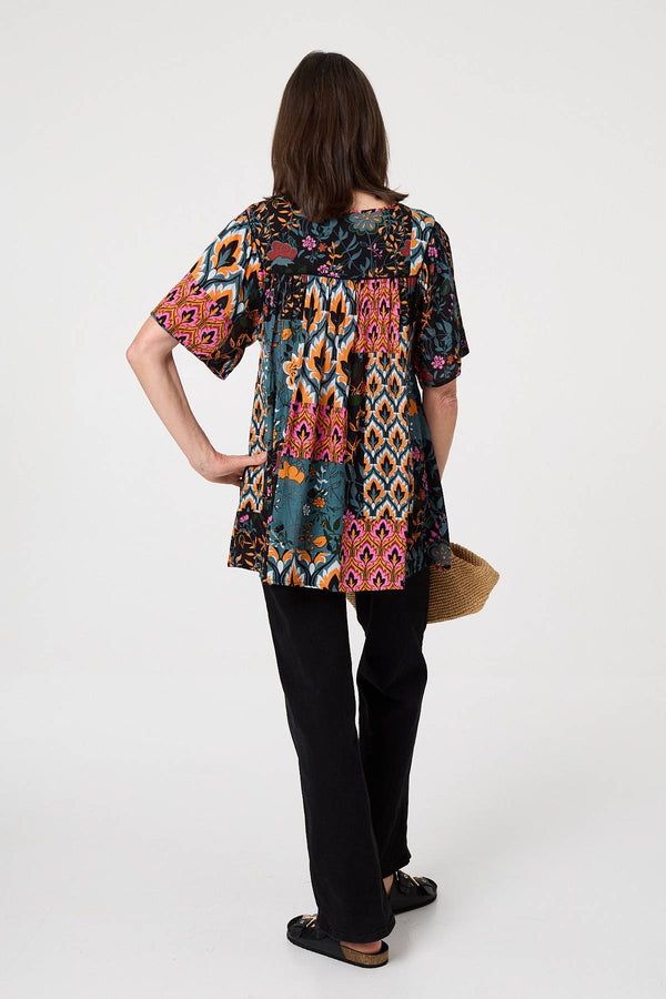 Teal | Floral Tie Front Relaxed Smock Blouse