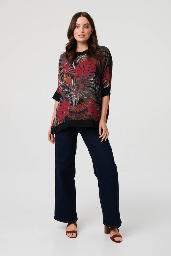 Black | Leaf Print 3/4 Sleeve Relaxed Tunic Top