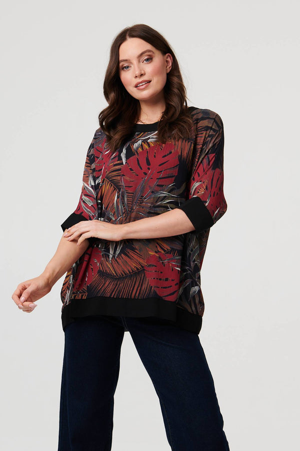 Black | Leaf Print 3/4 Sleeve Relaxed Tunic Top