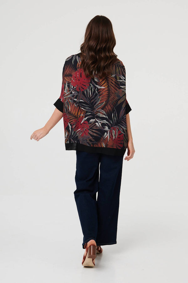 Black | Leaf Print 3/4 Sleeve Relaxed Tunic Top