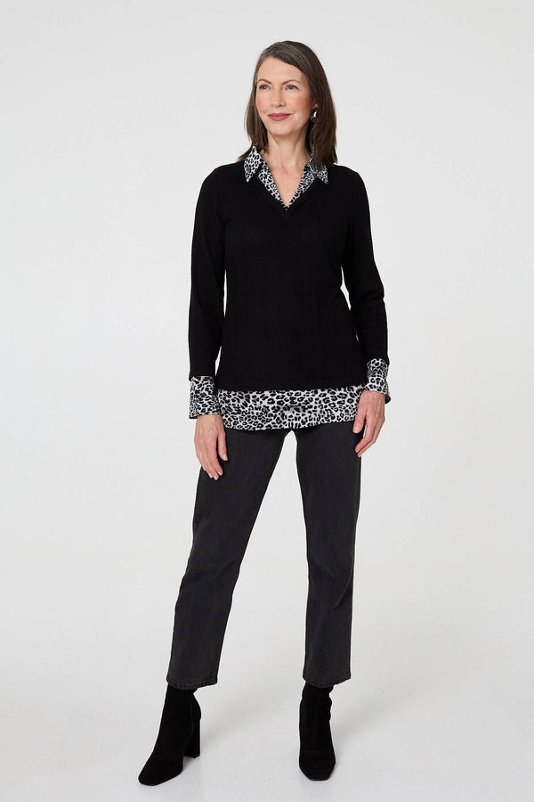 Black | Animal Print Layered Shirt Jumper Top
