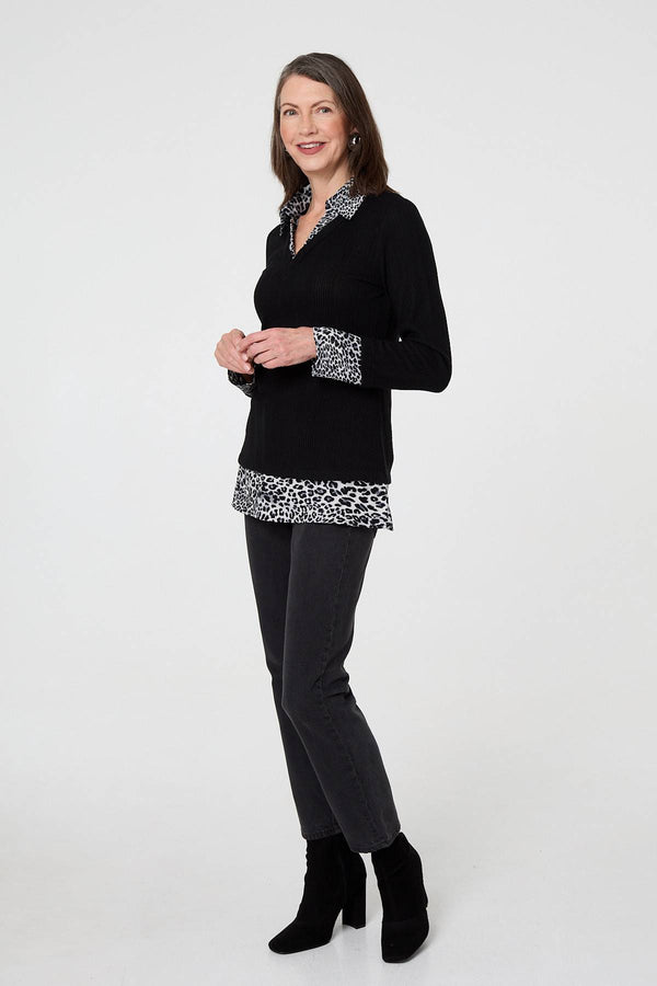 Black | Animal Print Layered Shirt Jumper Top
