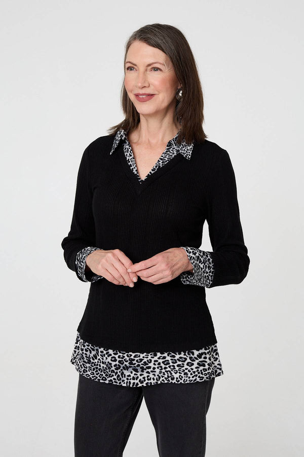 Black | Animal Print Layered Shirt Jumper Top

