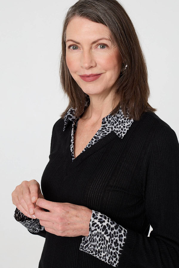 Black | Animal Print Layered Shirt Jumper Top
