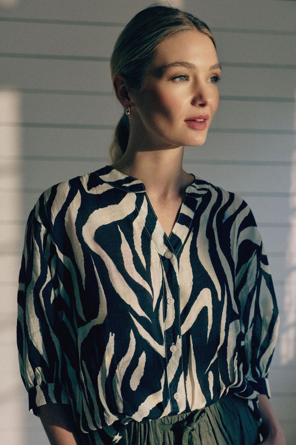 Black | Zebra Print 3/4 Sleeve Collarless Shirt : Model is 5'9"/175 cm and wears UK8/EU36/US4/AUS8