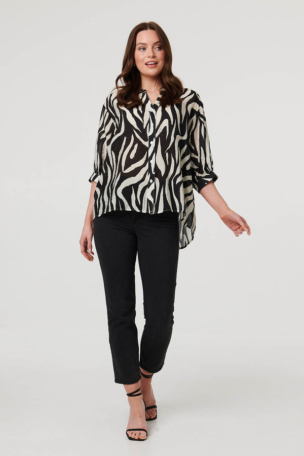 Black | Zebra Print 3/4 Sleeve Collarless Shirt