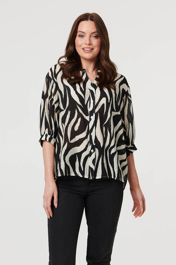 Black | Zebra Print 3/4 Sleeve Collarless Shirt : Model is 5'9"/175 cm and wears UK8/EU36/US4/AUS8